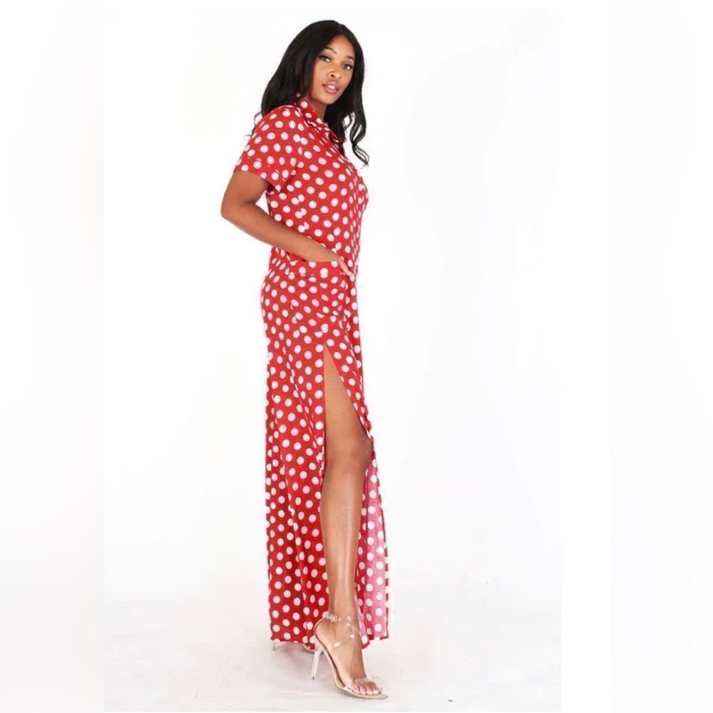 Eien Size Medium 100% Rayon red & white polkadot jumpsuit with side slits.